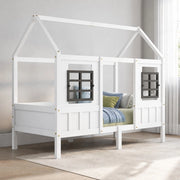 Letto a casetta per bambini con 2 finestre, struttura in pino e MDF, bianco, 200x90 cm