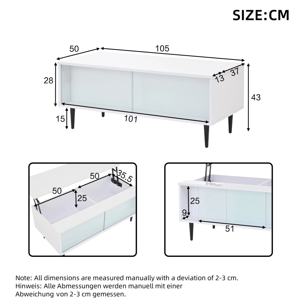Tavolino da salotto sollevabile 105 x 50 x 43 cm; bianco lucido; in pannello truciolare e vetro temperato