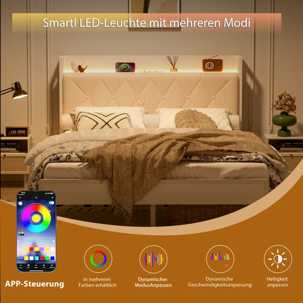 LETTO imbottito 140x190 cm bianco con testiera LED e USB