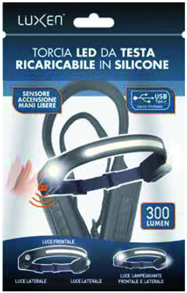 Luxen TORCIA DA TESTA RICARICABILE IN SILICONE, CON SENSORE,  6 W, 300 lumen, 7 modalitÃE di luce