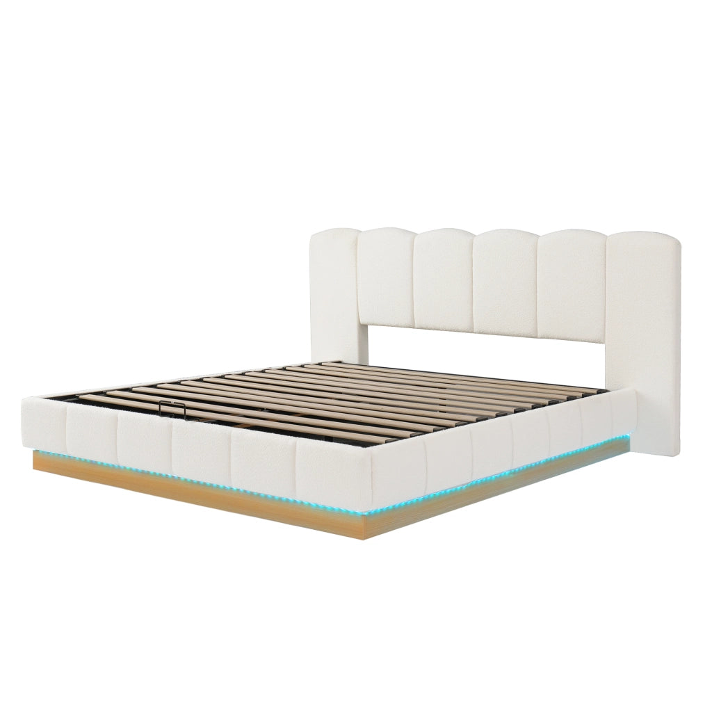 Letto imbottito 180x200 cm con contenitore idraulico e LED in bouclé bianco
