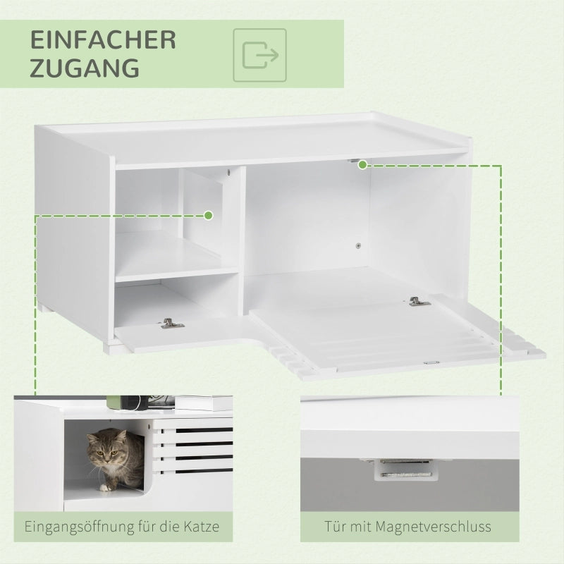 Mobile coperto per lettiera per gatti con 2 ripiani e porta magnetica, per soggiorno, bianco, 90 × 48 × 43,5 cm