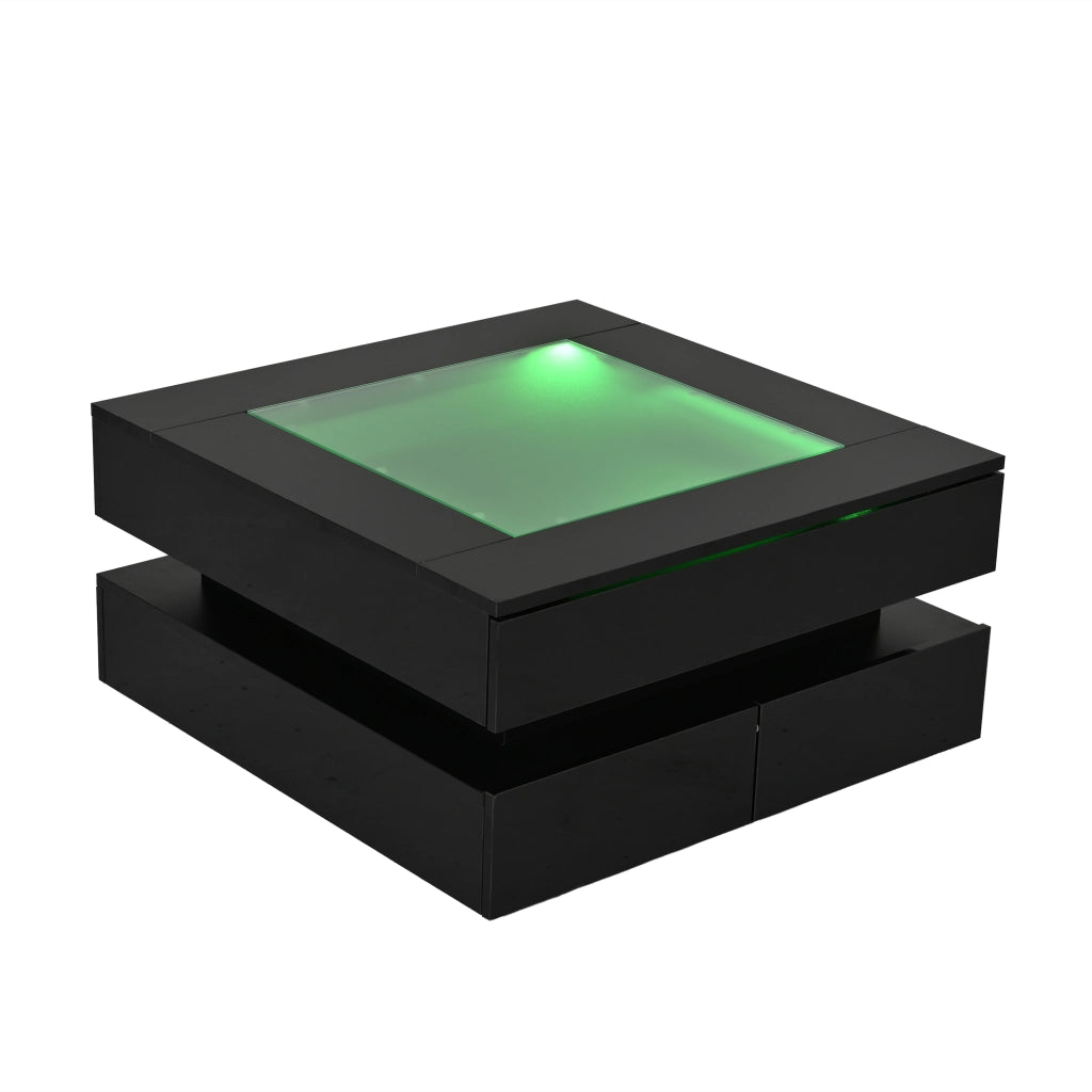 Tavolino da salotto quadrato 70 x 70 x 35 cm con piano in vetro, LED integrata e 3 cassetti, nero