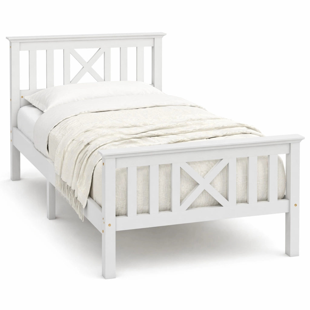 Letto singolo 90x200 cm in legno massello di pino bianco con testiera a X e rete a doghe