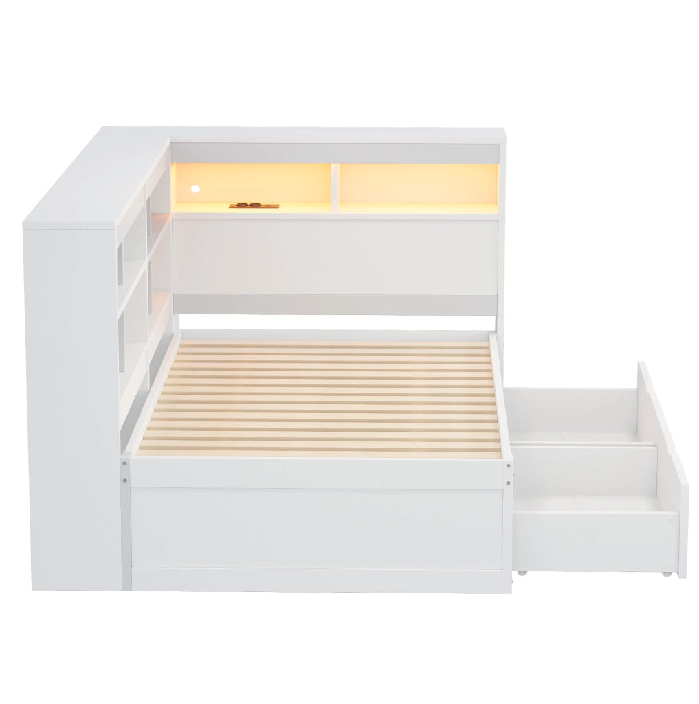 Letto da giorno ULEVR 90x200 cm con cassetti, ripiani, LED multicolore e presa USB, bianco