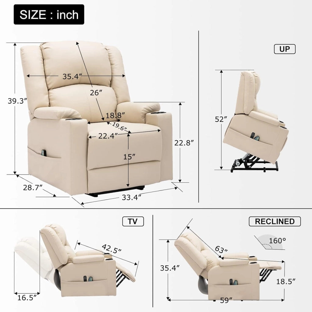 Poltrona Relax Reclinabile Poltrone Relax Elettriche Schienale Regolabile, Poggiapiedi Retrattile, con 2 Portabicchieri, Tasche Laterali, Supporto per Stare in Piedi, Pelle PU,Bianco