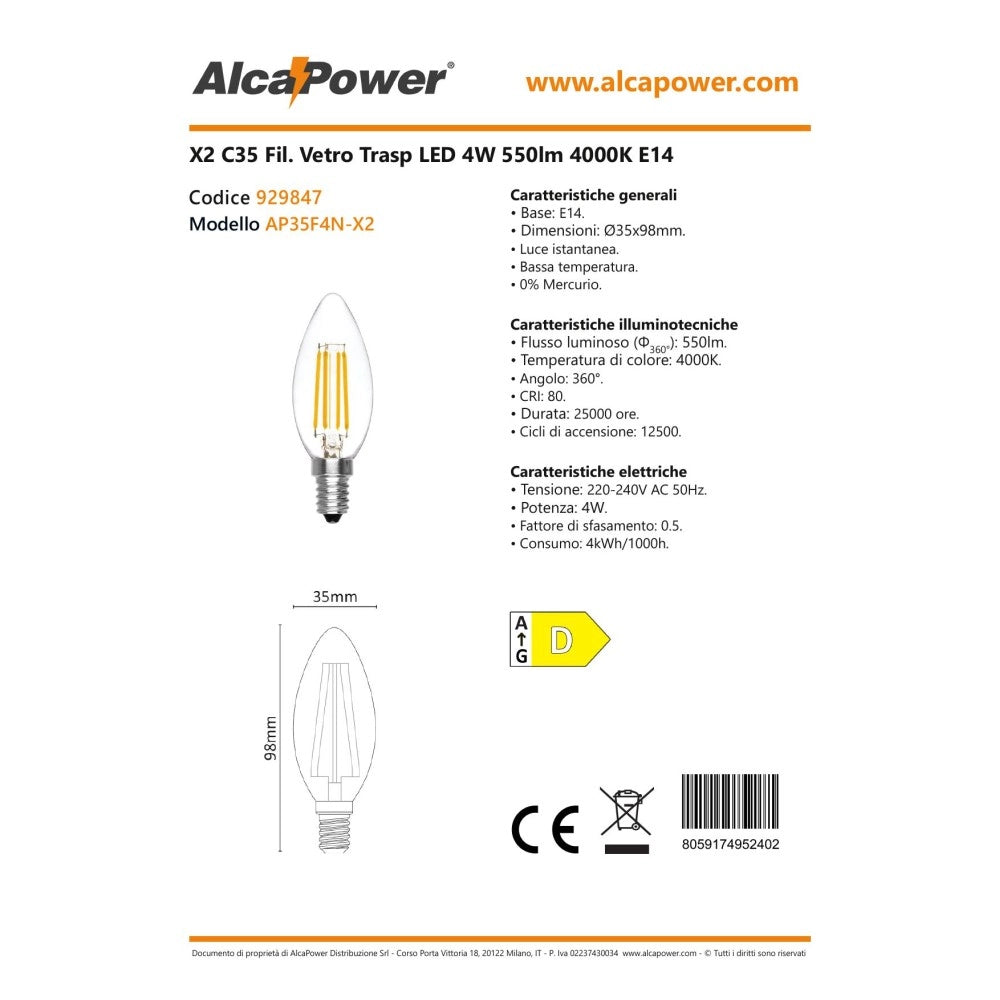 Alca power c35 4w 200v 550lm 4000k e14 lampada oliva a filamento a led box da 2pz