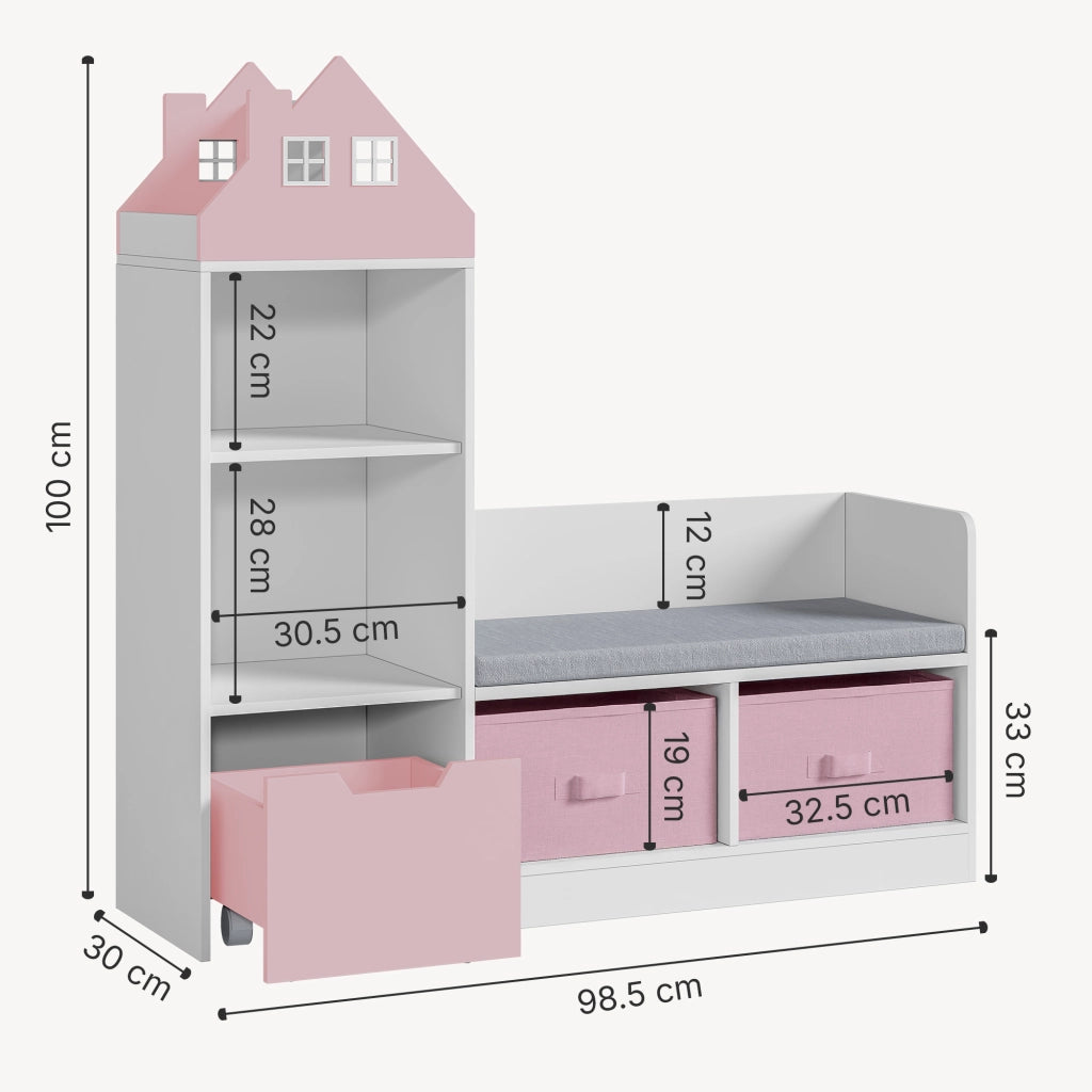 Mobile per Cameretta Vipsali Panchina e Scaffale con Contenitori 100x99x30 cm Rosa / Bianco [en.casa]