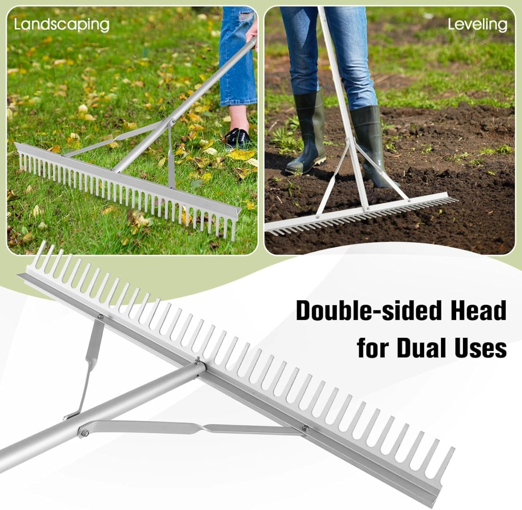 Rastrello da Giardino in Alluminio con Manico Lungo 174 cm, Rastrello da Prato Largo 91 cm con 36 Denti Rigido per Paesaggio, Ideale per Foglie, Erbacce, Terreno e Detriti (Stile B)