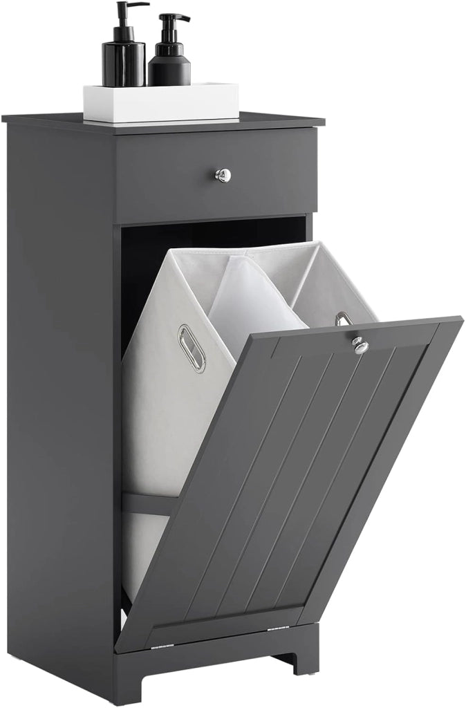 Mobiletto da Bagno con Sacco per Biancheria – Mobile con Cesto a Ribalta e 3 Ripiani – Mobile Salvaspazio, Arredo Bagno in Legno per Spazi Ridotti, Bianco, 60x86x37cm, BZR105-W