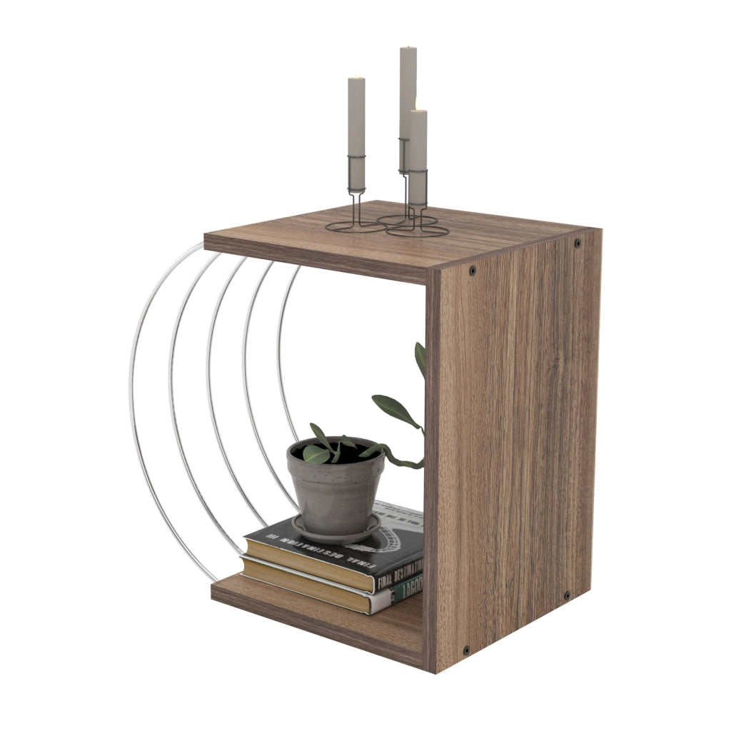 Tavolino Basso da Divano Tavolino Laterale a 2 Ripiani 46 x 30 x 42 cm Consolle da Divano Moderno - Effetto Noce / Cromato [en.casa]