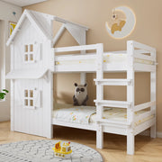 Letto a castello 90x200 cm con finestre e tetto; scala; in legno e MDF bianco