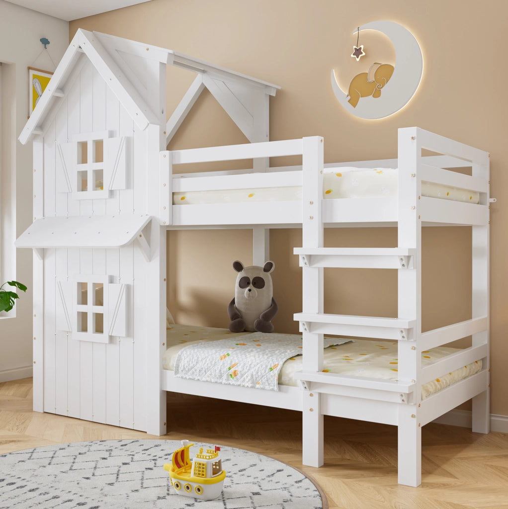 Letto a castello 90x200 cm con finestre e tetto; scala; in legno e MDF bianco