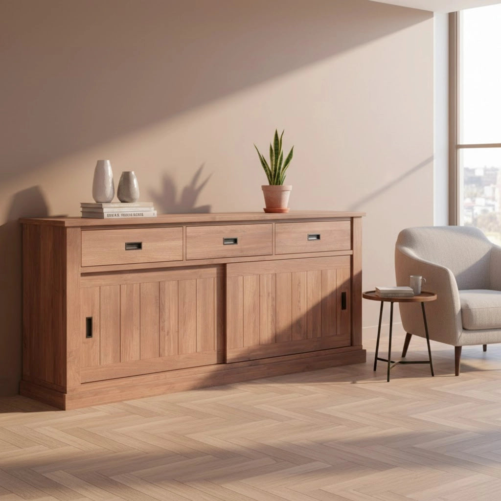 Credenza Per Soggiorno Con 3 Cassetti 2 Ante Scorrevoli E 4 Ripiani Interni Mobile Buffet Madia Per Cucina E Zona Living Design Classico Moderno 220 X 50 X 95 Cm Noce