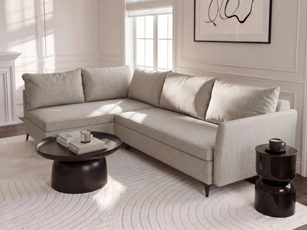 Divano Letto Angolare a 3 Posti Destro in Tessuto Beige con Contenitore per Soggiorno Koge