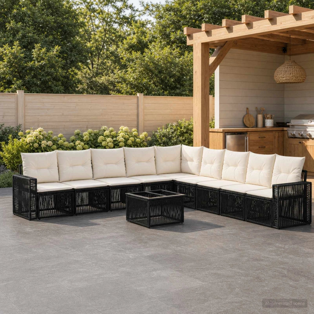 Set Divano da Giardino 10 pz Nero e Bianco Crema polyrattan 3435148