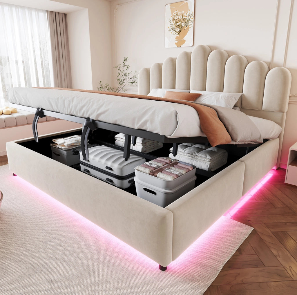 Letto imbottito con contenitore idraulico e LED; 180 x 200 cm; velluto beige