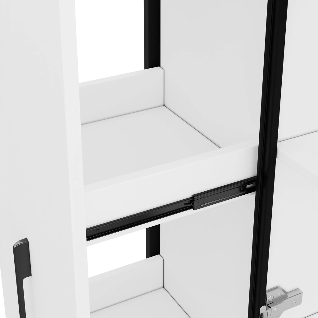Vetrina alta in MDF e vetro 70×38×160 cm con ripiani estraibili, LED multicolore e protezione antiribaltamento, colore bianco