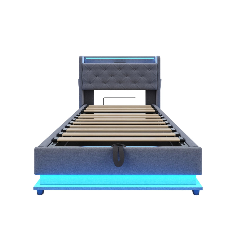 Letto imbottito 90x200 cm con LED, USB, contenitore idraulico e testiera apribile