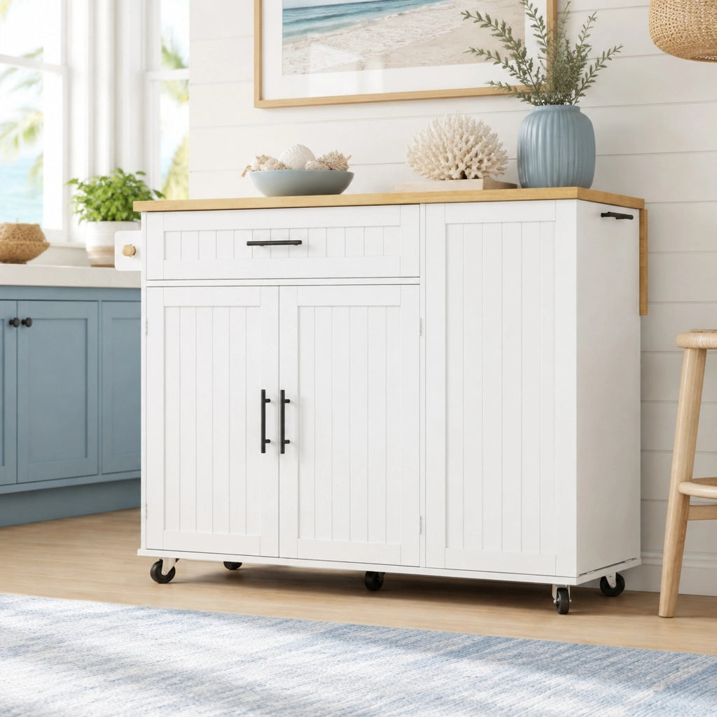Mobile contenitore da cucina con piano ribaltabile e ruote - in MDF - 130×70×93 cm - bianco