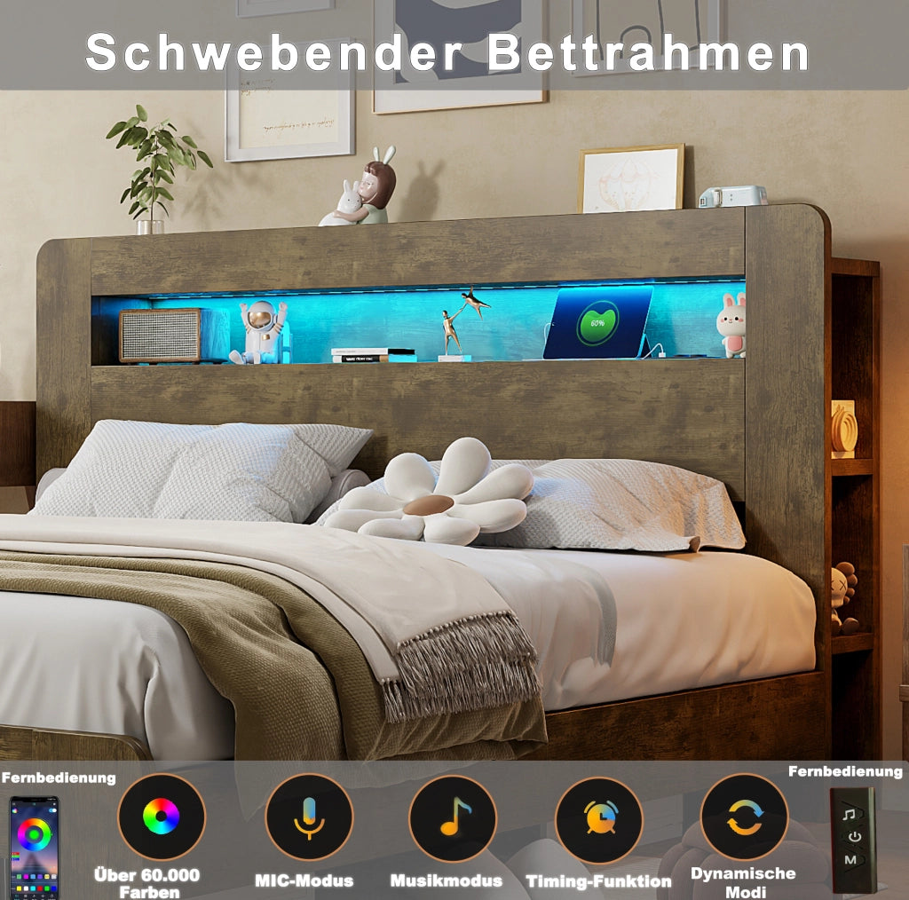 Letto 140x200 con contenitore idraulico, LED e prese