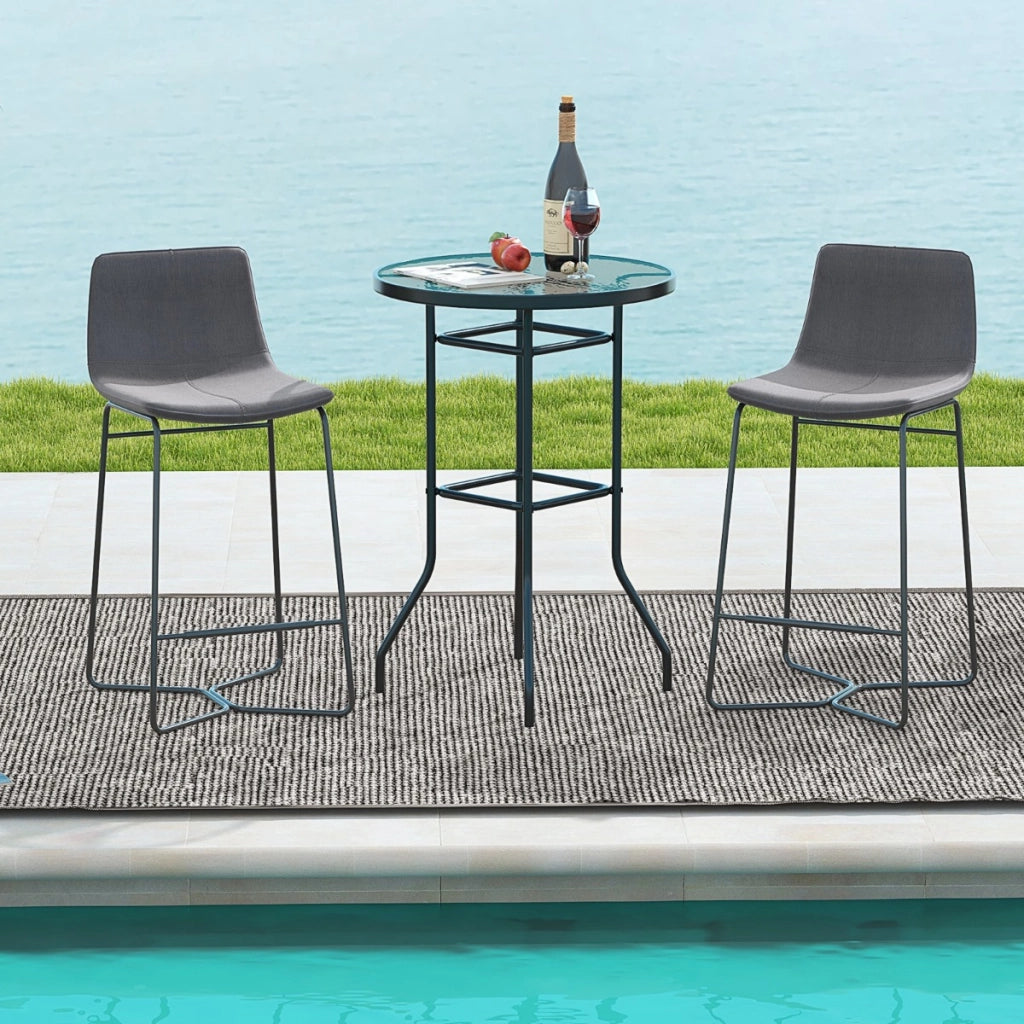 Tavolo da bar per giardino con piano in vetro temperato e telaio in metallo resistente, Tavolo rotondo alto 97cm Nero-Tavoli da esterno