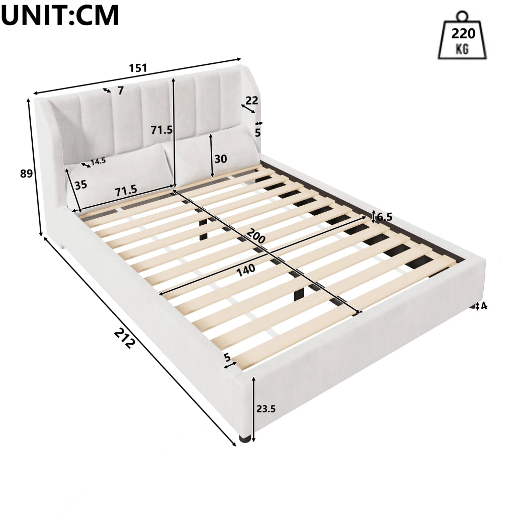 Letto Matrimoniale 140 x 200 cm con rete a doghe; testiera imbottita e 2 cuscini Beige