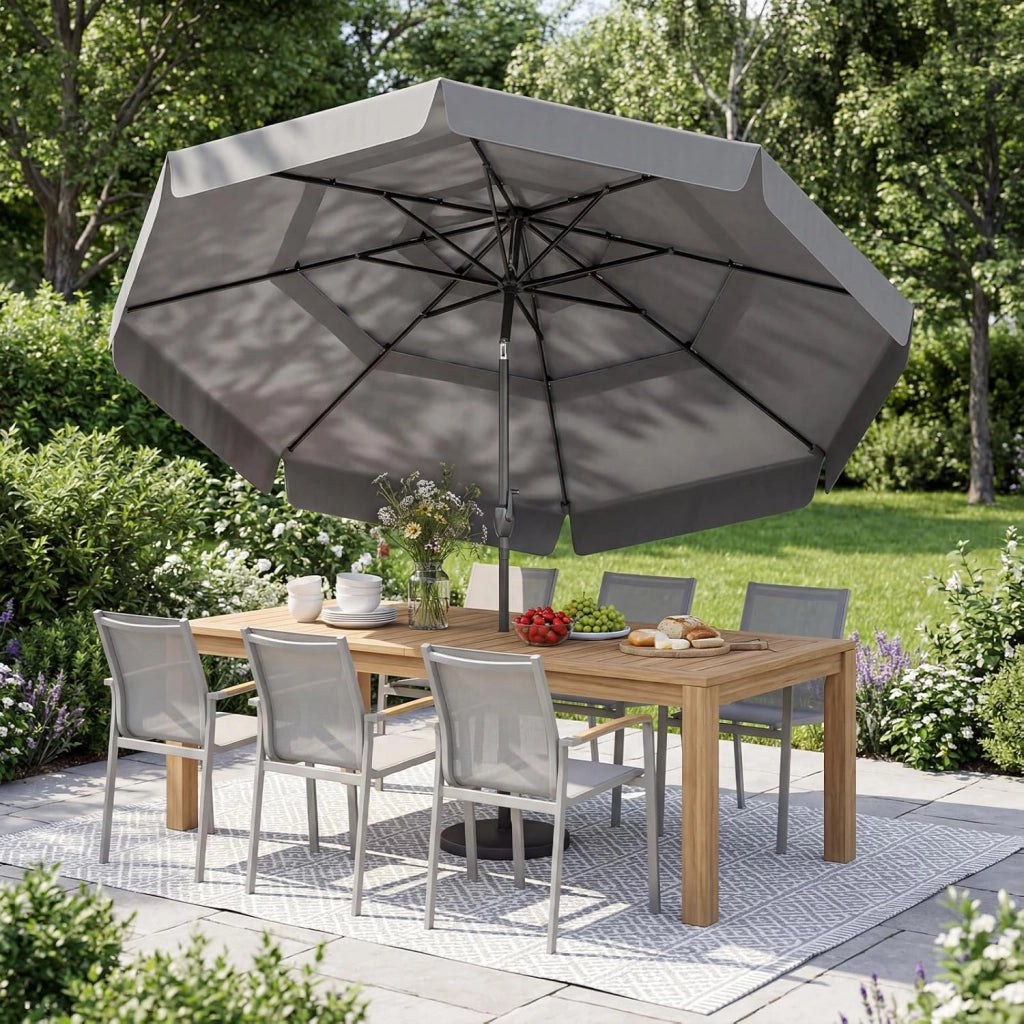 Ombrellone da Giardino 300 cm, con Regolazione Inclinazione, Manovella e 8 Stecche, Anti-UV, Tettuccio Ventilato a 3 Livelli (Grigio, 0 Luce)