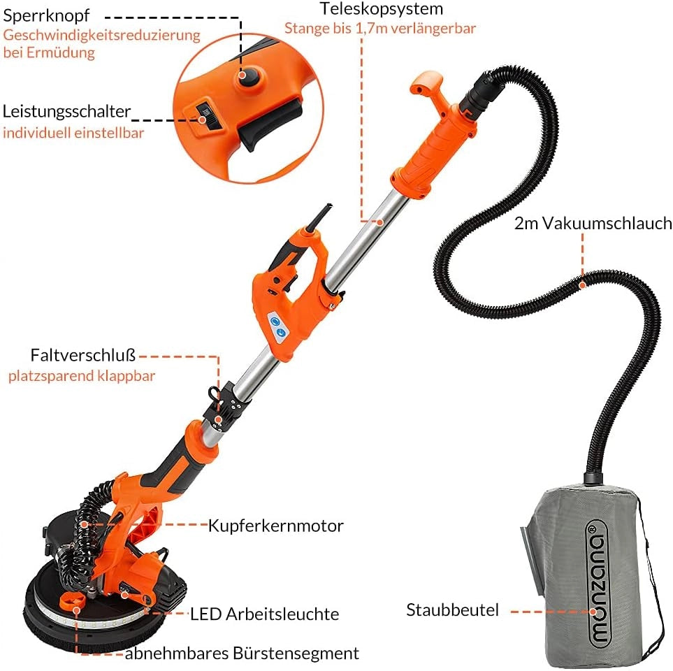 ® Levigatrice Muro 750Watt Telescopica Cartongesso Giraffa Levigatura Professionale Pareti 12 Dischi Abrasivi Carteggiatrice Soffitti Orbitale