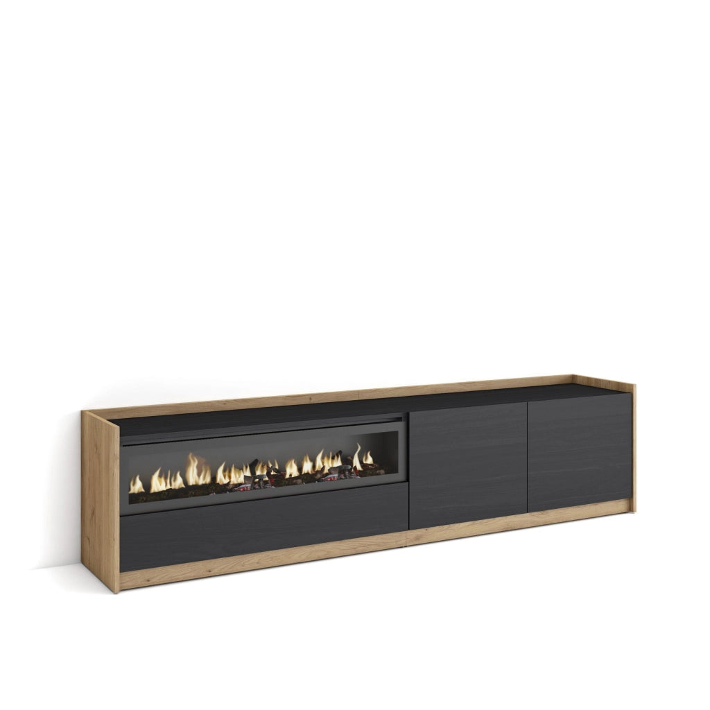 Mobile TV Soggiorno, 207x50x37 cm, Per TV fino a 80", Camino elettrico, Nero e rovere