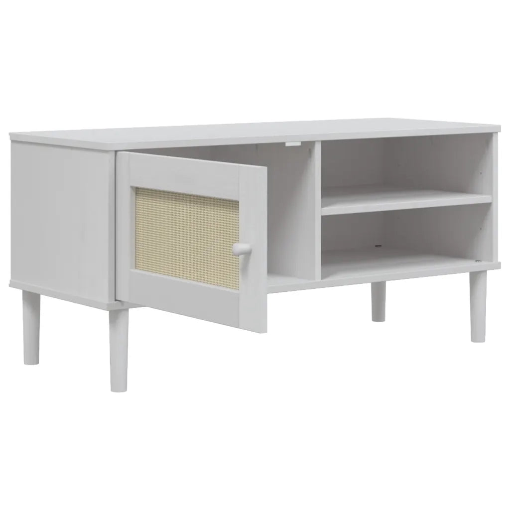 Mobile TV | Armadietto TV | Mobile Porta TV SENJA Aspetto Rattan Bianco 106x40x49 Massello Pino