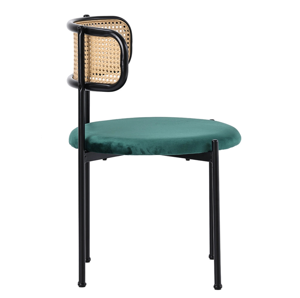 Set di 4 sedie da pranzo in velluto verde con schienale in rattan e gambe in metallo