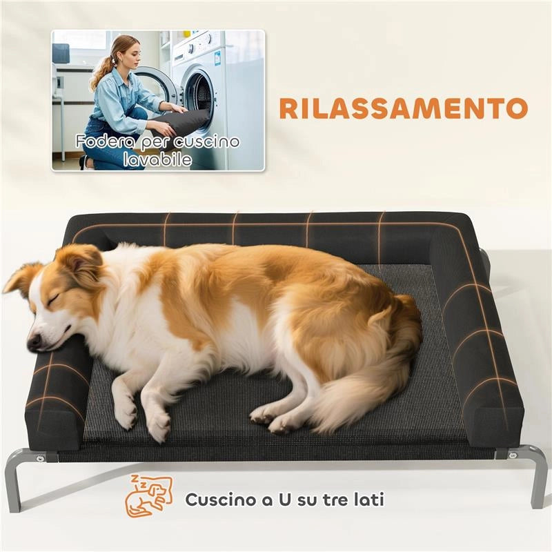 LETTINO PER CANI RIALZATO DI 19.5 CM CON CUSCINO A U, IN POLIESTERE E ACCIAIO, 110X75X30 CM, NERO E ARGENTO