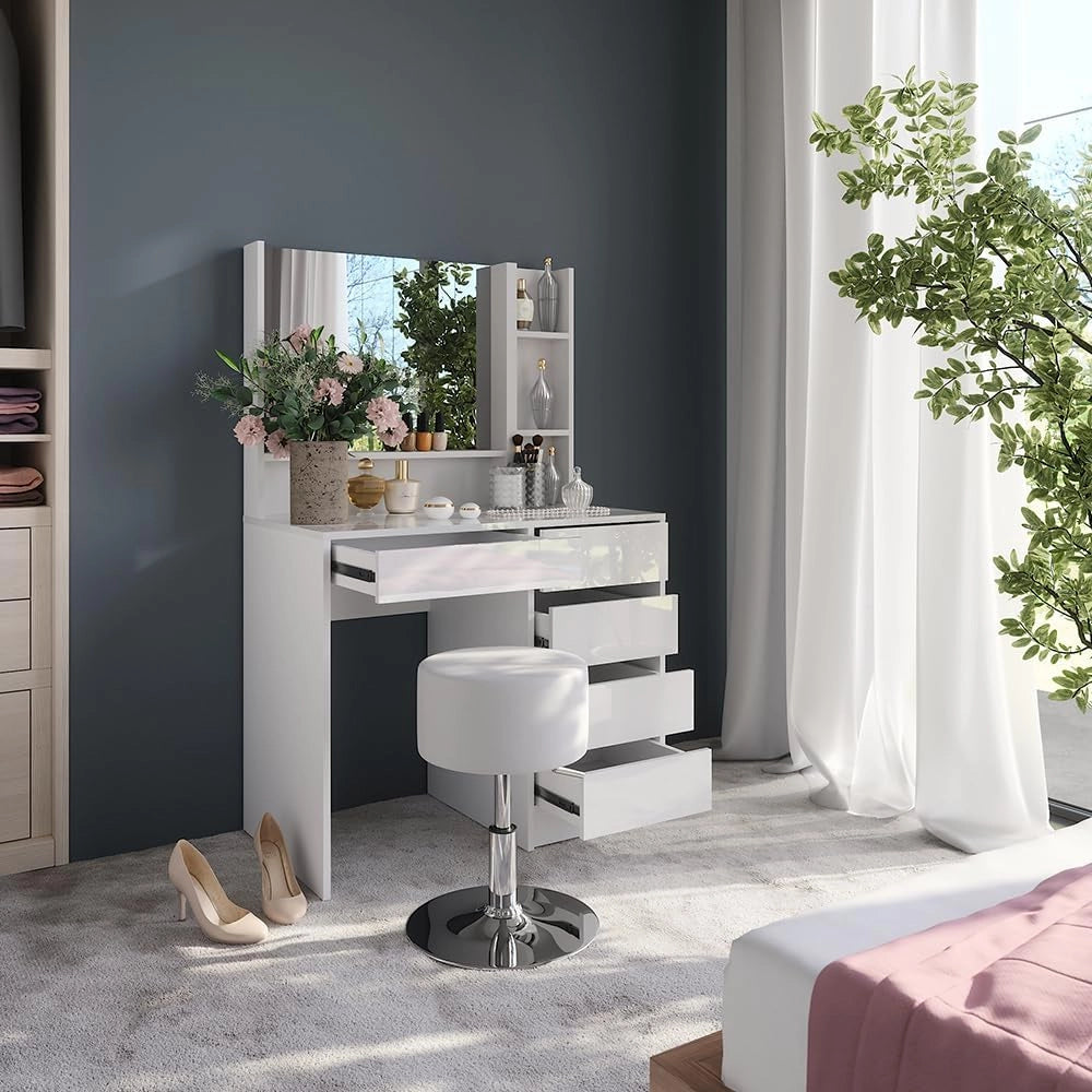 Tavolo da toeletta Sherry, Bianco/bianco lucido, 89.8 cm 4 parti