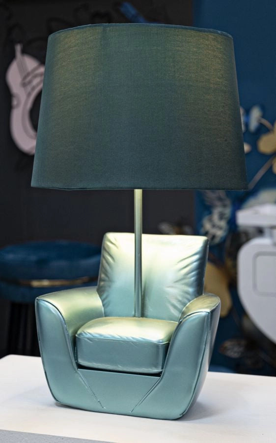 Lampada da Comodino Midcentury Turchese Ø26x43 cm in Resina e Ferro e Tessuto Turchese