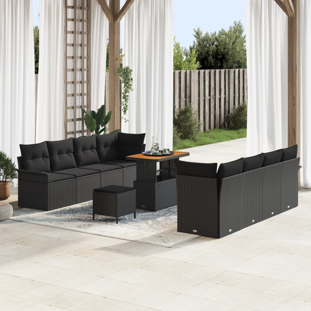 Set divani giardino cuscini  11 pezzi Nero Polyrattan Acacia