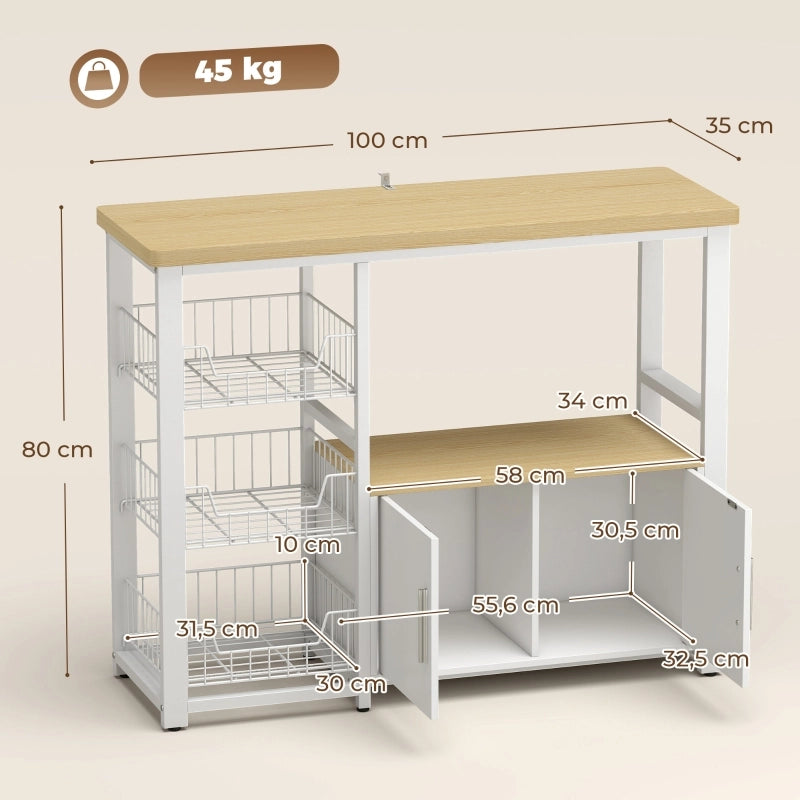 Scaffale da cucina con ripostiglio, 100x35x80 cm, bianco, con 3 cesti e armadio