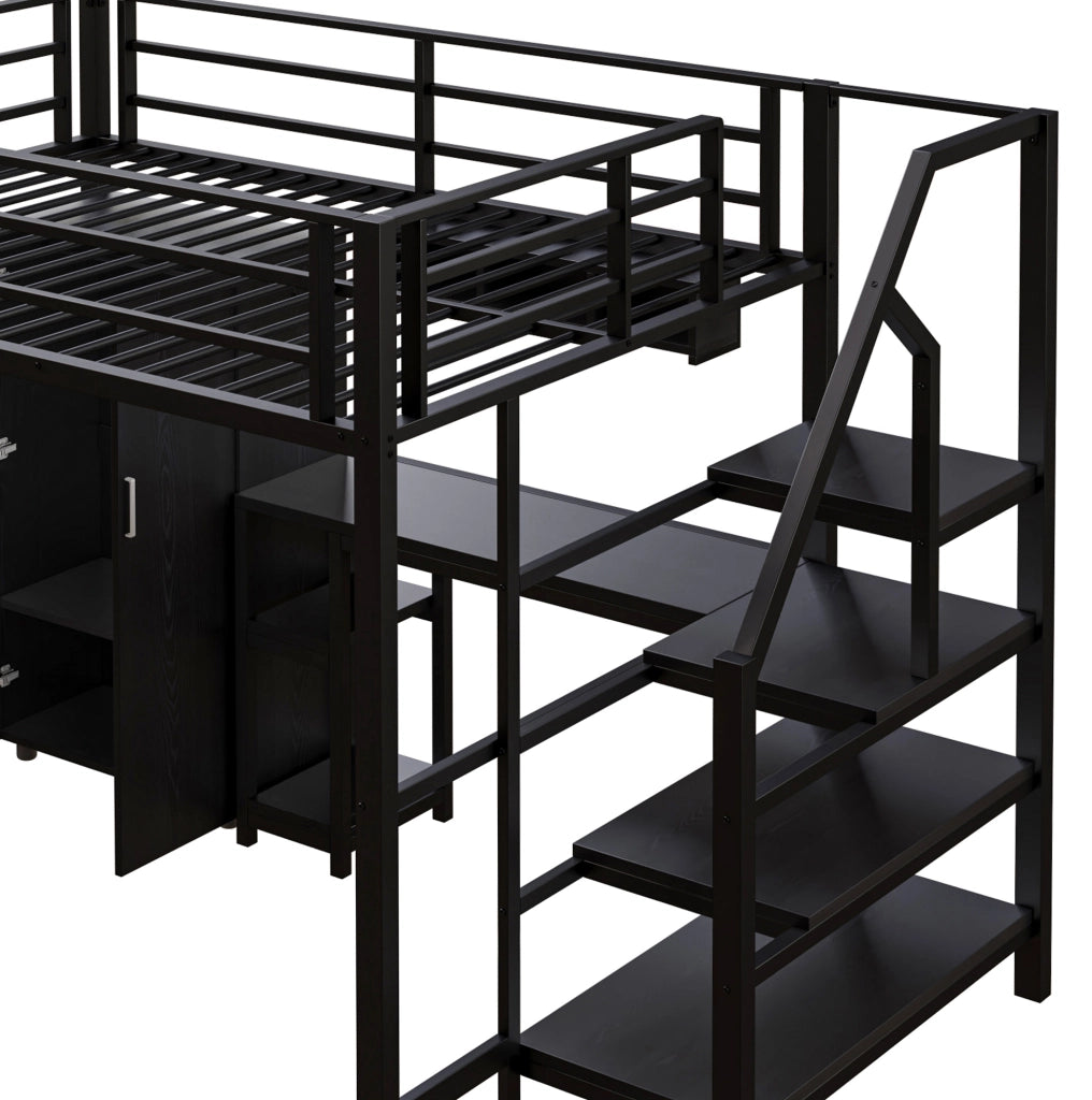 Letto a soppalco ULEVR 140x200 cm con armadio, scrivania, ripiani e scala con vani, nero