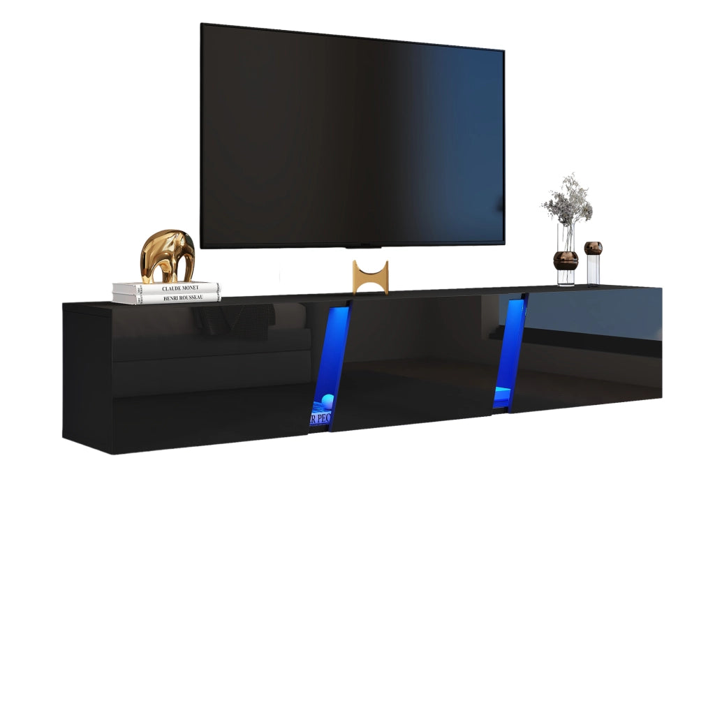 Mobile TV sospeso da parete 180 x 35 x 30 cm, nero lucido, con luci LED controllate da APP, 3 ante abbattibili, per TV fino a 75 pollici