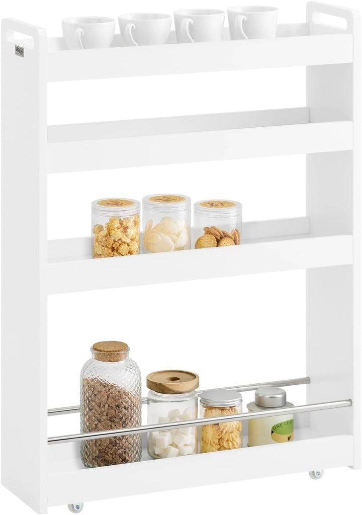 Carrello Slim per Cucina e Bagno con 4 Ruote Scaffale Salvaspazio a 4 Ripiani con Aste Antiscivolo Unità di Stoccaggio per Cucina, Bagno, Forniture per Bellezza o Artigianato 60x18x82cm NSR01-PF