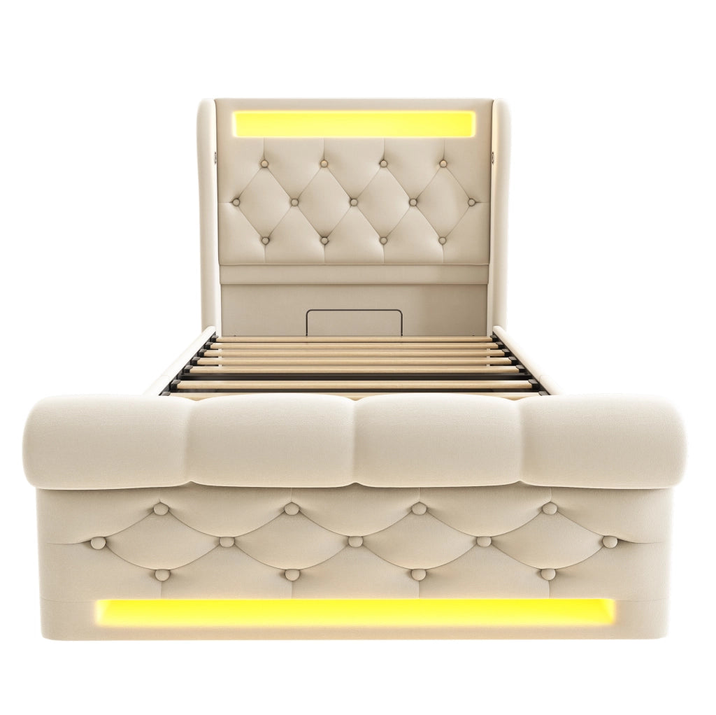 Letto singolo imbottito ULEVR 90x200 cm con contenitore idraulico, LED, USB e Type-C, velluto beige