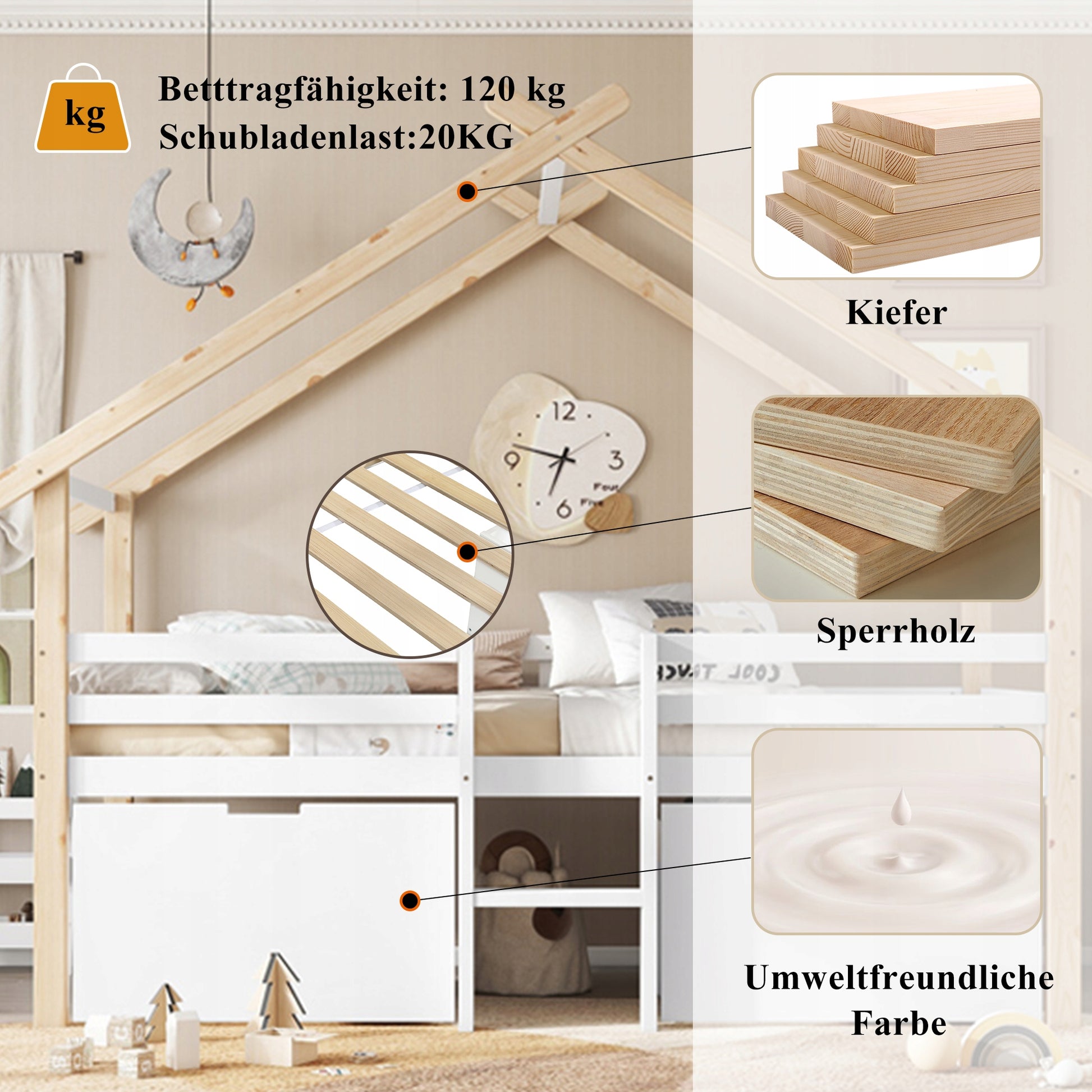 Letto a castello per bambini - Xylo - 90x200 - Con tetto, scaletta e cassetti