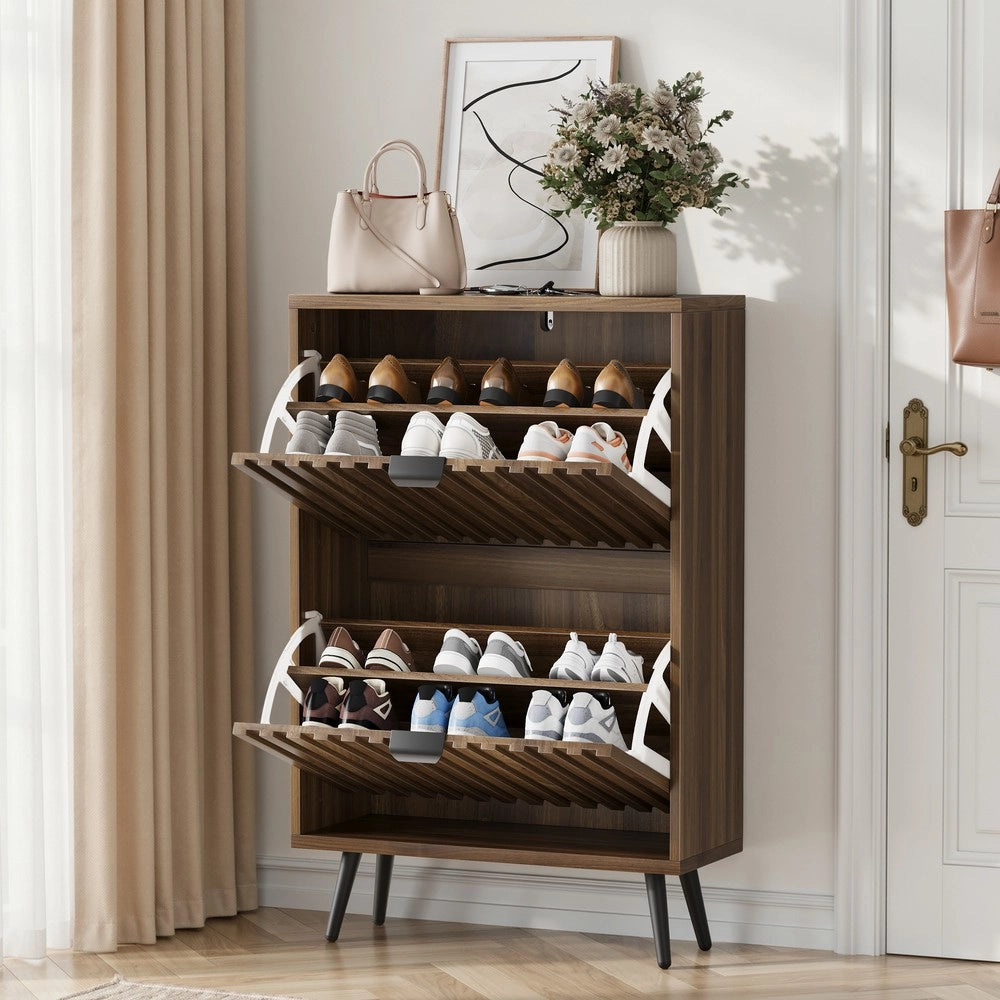 Scarpiera in Legno di Noce ¨C MINIMAL ¨C 60 cm, 2 Ante Ribaltabili, Design Moderno per Ingresso