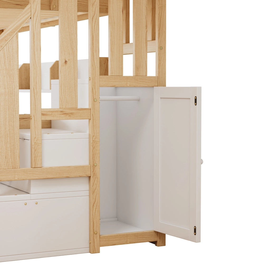 Letto a castello per bambini 3 posti con letto estraibile, armadio e scala contenitore