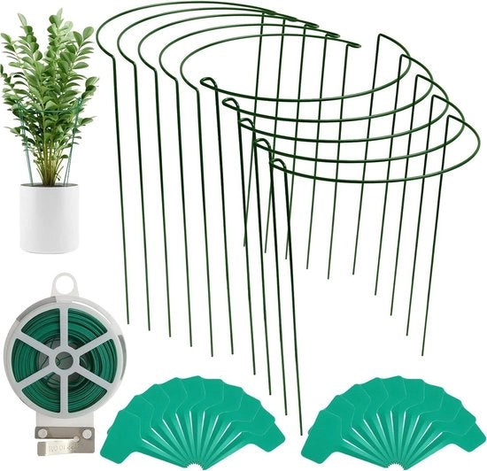 Supporti per piante 35 cm - anello di sostegno per piante in metallo - 10 pezzi - 50 m di filo di raffia - 20 etichette - per piovanze e hortensie - per piante da interni e esterni - sostegno per piante a forma semicircolare