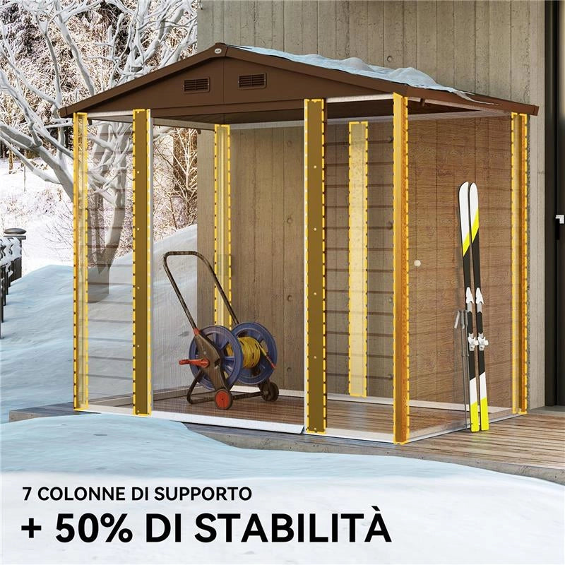 CASETTA DA GIARDINO PORTA ATTREZZI CON PORTE SCORREVOLI E PARETI EFFETTO LEGNO, 2.3X1.5X2 M, MARRONE