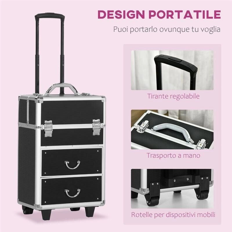 VALIGETTA TROLLEY PER MAKE UP PROFESSIONALE RINFORZATA , BLOCCO CON 2 CHIAVI E RUOTE, NERO 36X23X58 CM