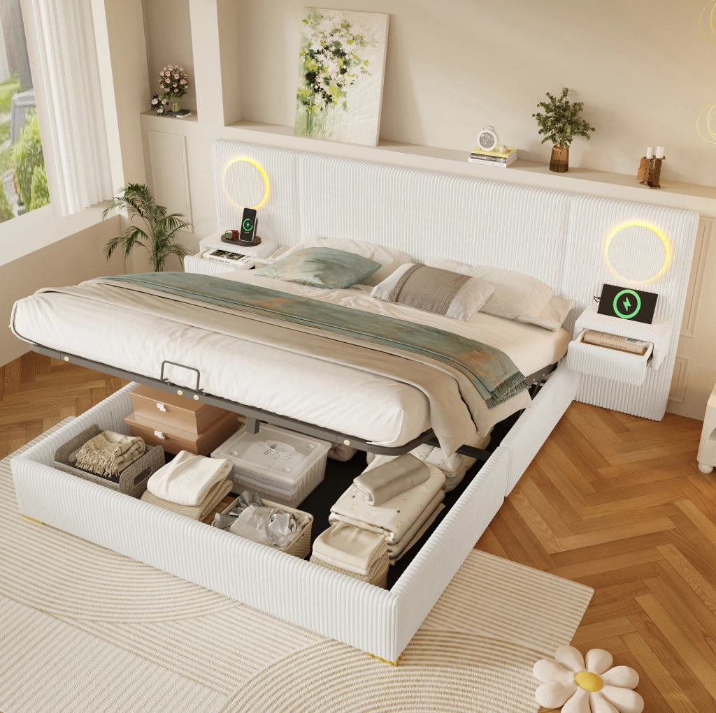 Letto imbottito beige 180 x 200 cm con LED, USB e vano contenitore