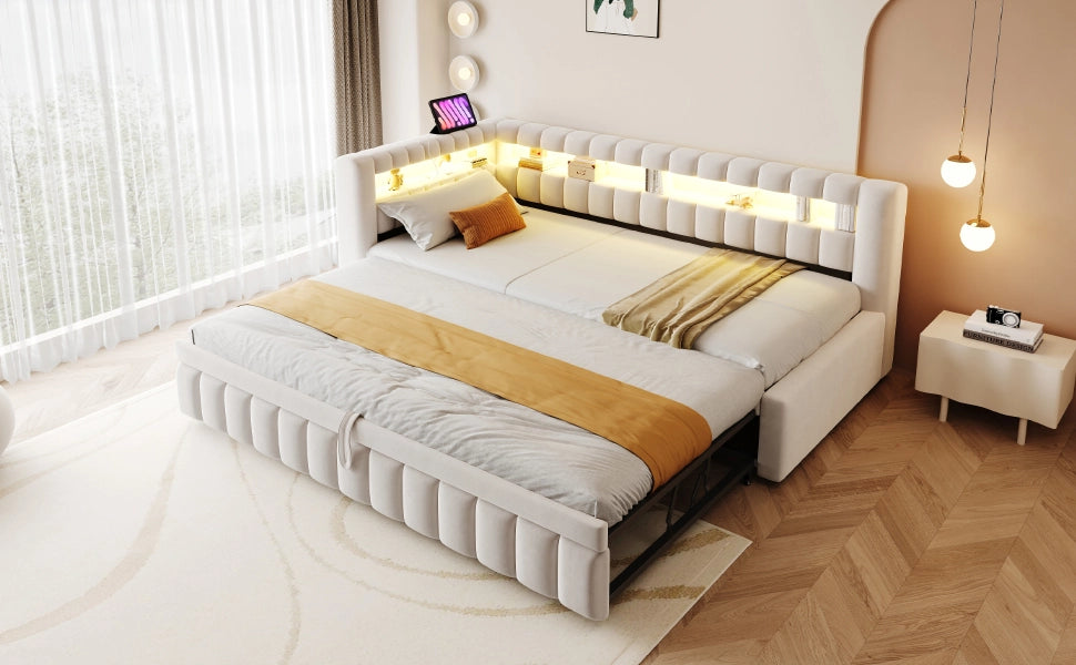 Divano letto con LED, testiera contenitore e USB, 90x200 cm, velluto beige