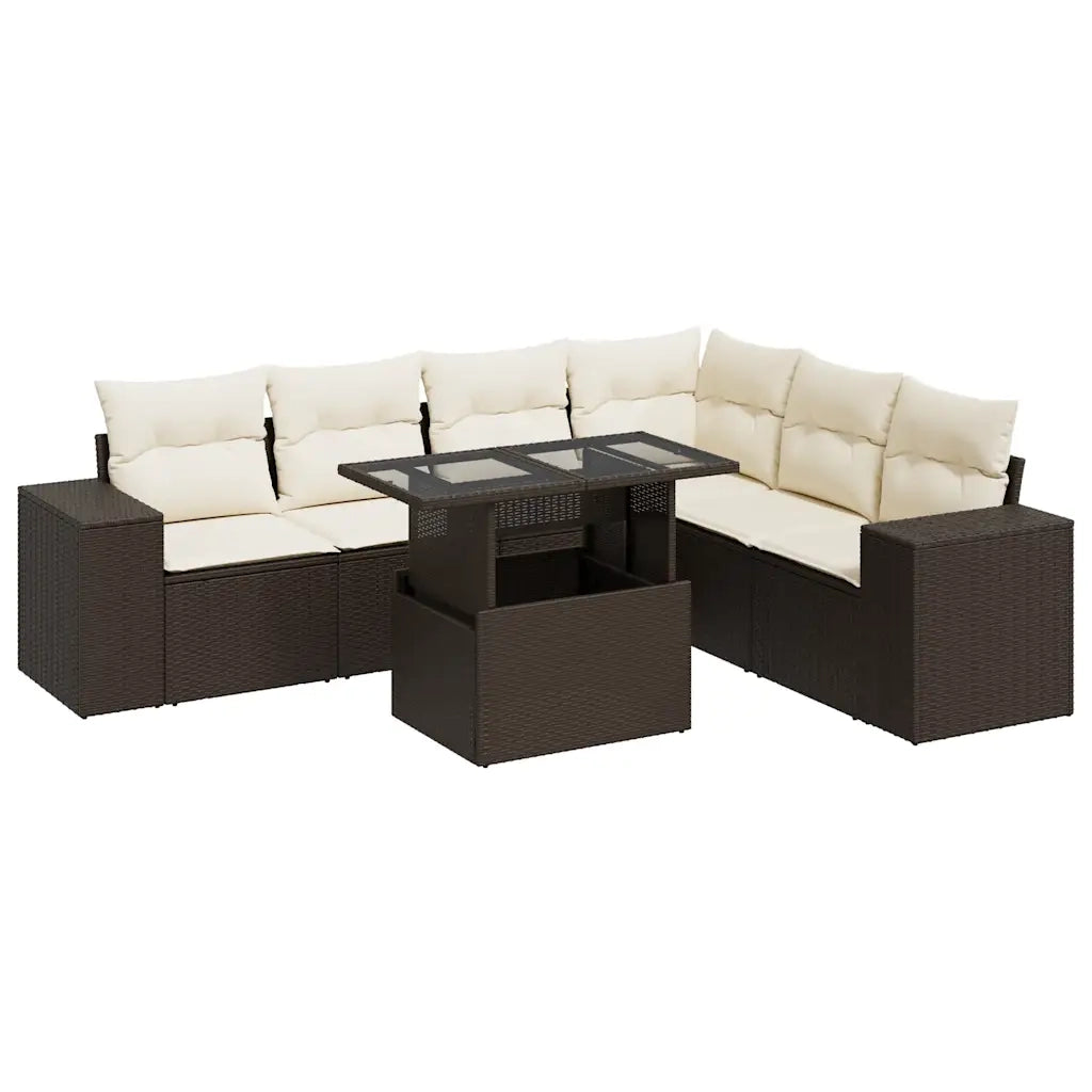 Set Divani da Giardino 7 pz con Cuscini Marrone in Polyrattan
